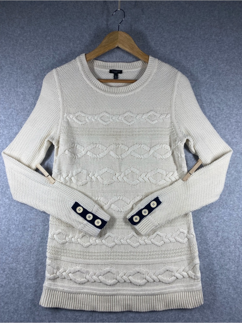 Talbots Women’s Cream Cable-Knit Crew Sweater Button Cuffs Size M petite